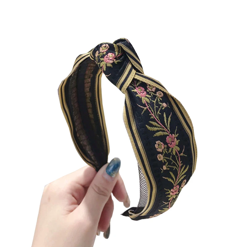 

2020 Grils Retro Hairband Embroidery Flower Cross Knot Hair Hoop Women Fabric Bow Head Hoop Headband Turban Hair Accessories