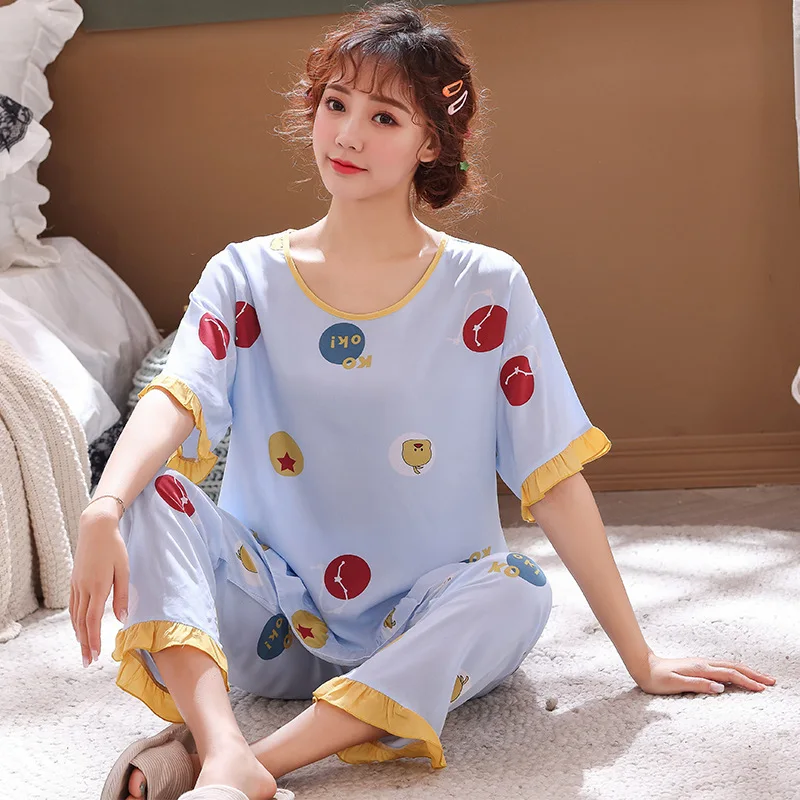 

2021Women's Home Wear Women's Pajamas Spring and Summer Short-sleeved Trousers Pullover Print Pajamas for Women Pijamas Women