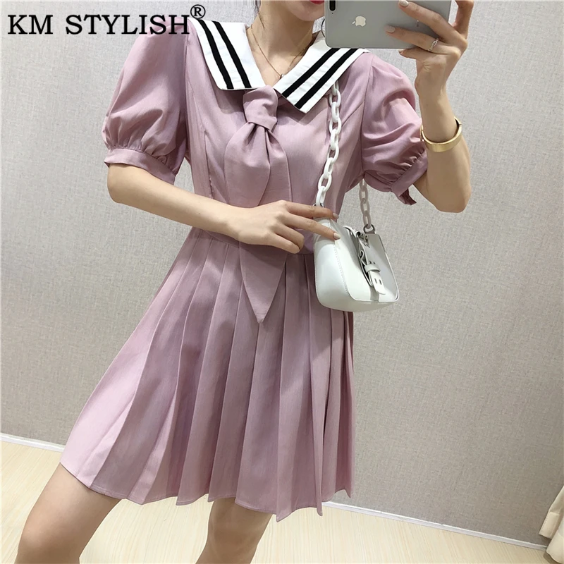 

Women's Lantern Short Sleeve Bow Dress 2020 New Salior Collar Slim Waist Japanese School Uniform Pleated A-line One-piece Dress