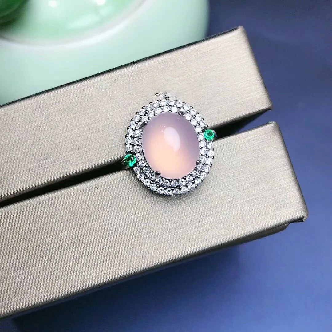 

High Ice 925 Silver Inlaid Green Chalcedony Pink Agate Full Diamond Jewelry Light Luxury Women's Ring