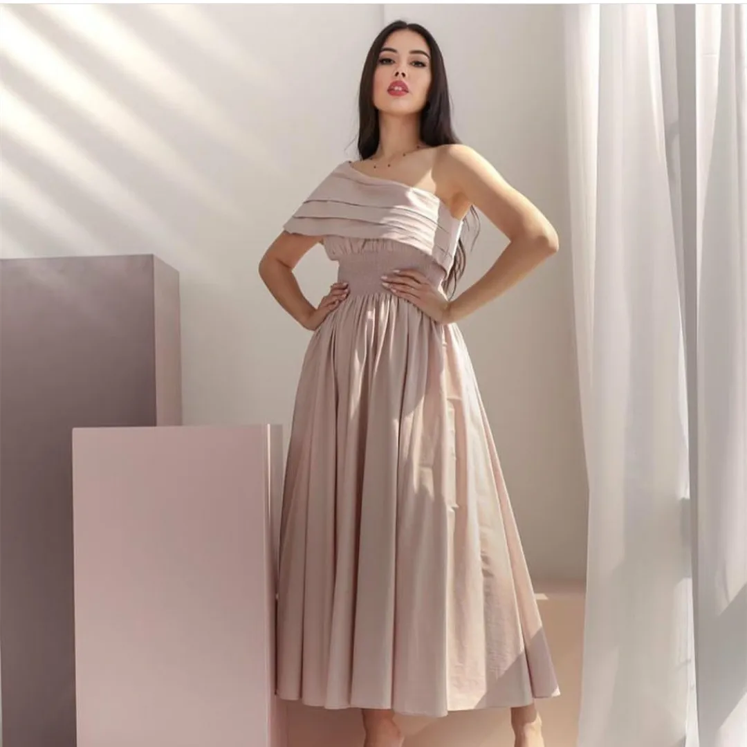 

Элегантные атласные мусульманские Вечерние платья с одной горловиной, трапециевидные платья из искусственной кожи, цвета шампанского, длиной до щиколотки, на молнии сзади, вечернее платье для женщин