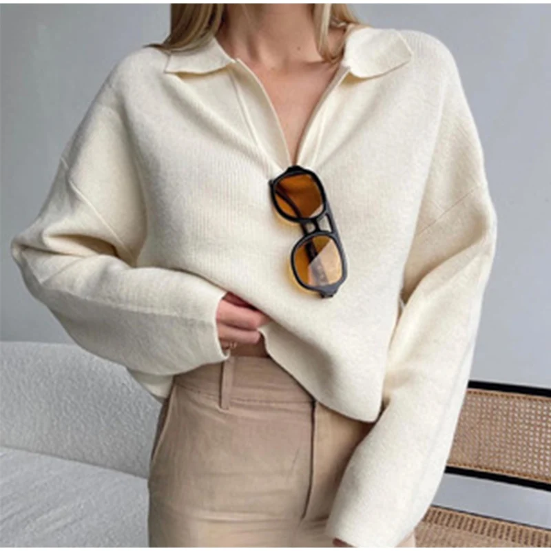 

Женский вязаный однотонный пуловер с длинным рукавом, свитер с отложным воротником, милый офисный свитер, осень 2021