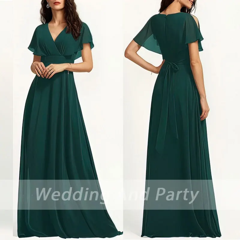 

Long evening dress CHIFFON sexy V neck short sleeve A line wedding party dress Plus size summer Dress formal prom Cocktail Dress