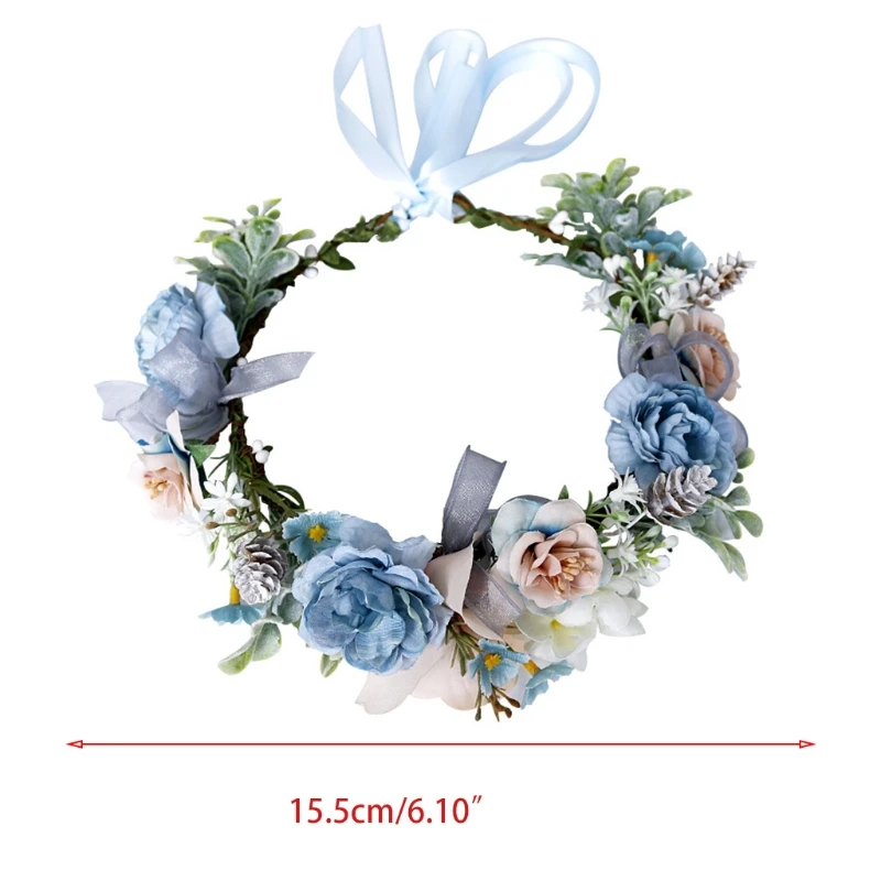 

573B Bohemian Beach Holiday Wreath Headband Artificial Blue Flower Crown Halo Garland Fake Eucalyptus Leaves Wedding Festival