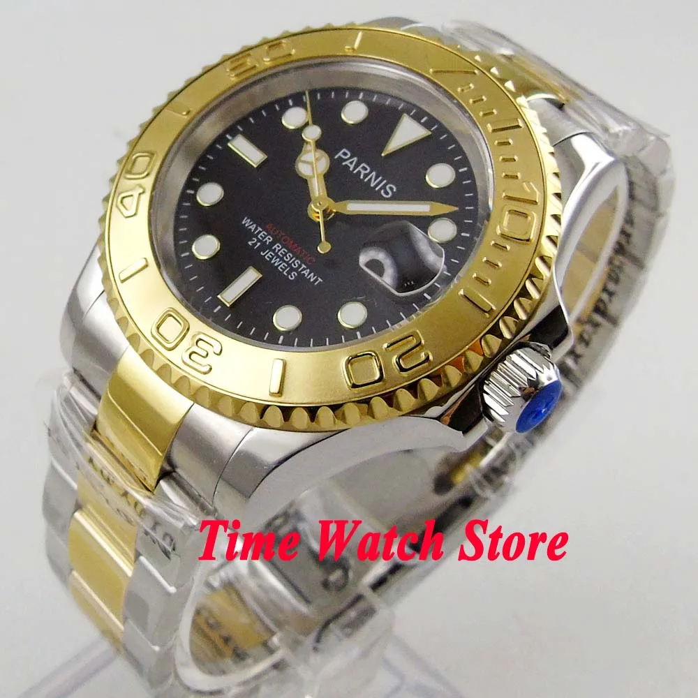 

Luxury Parnis 41mm Miyota 8215 5ATM automatic men's watch black dial golden alloy bezel sapphire glass date display two tone