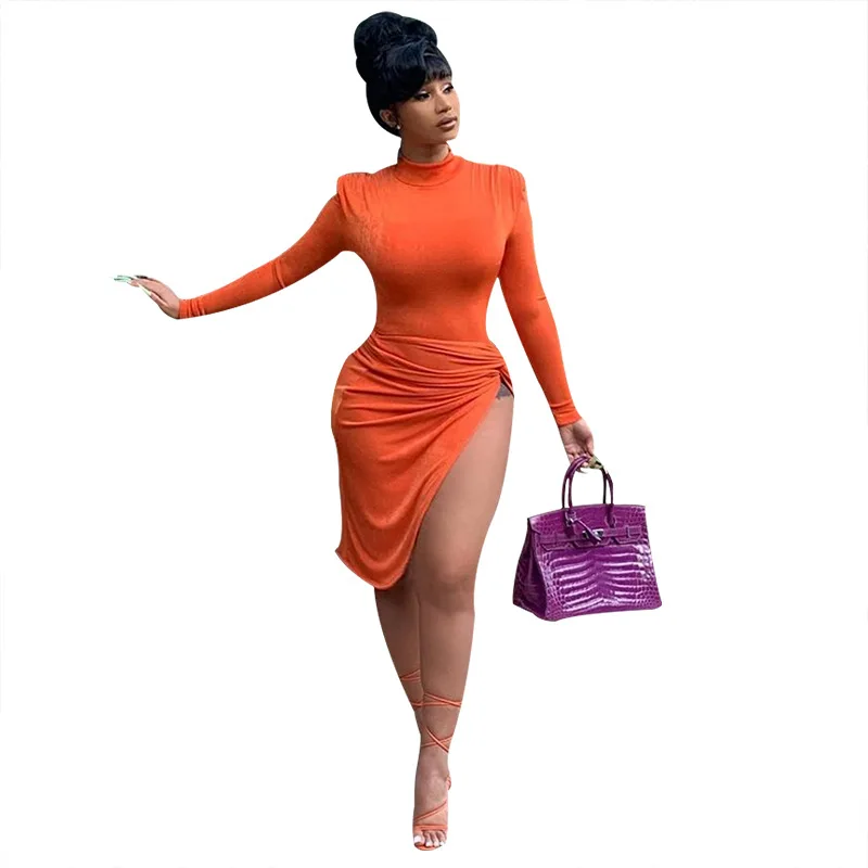 

Women's autumn new solid color long-sleeved retro side slit lightly cooked dress