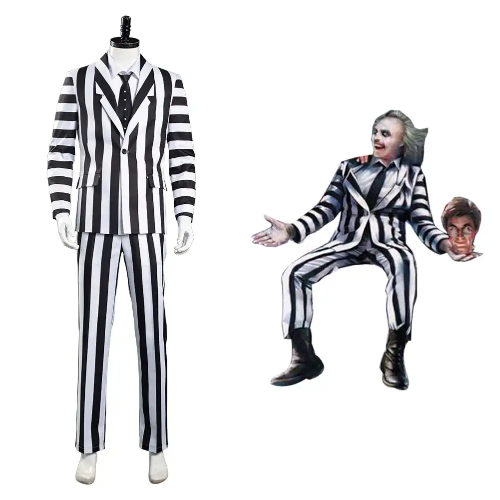 

Beetlejuice Adam Cosplay Costume Men Black and White Striped Suit Jacket Shirt Pants Outfits Halloween Carnival