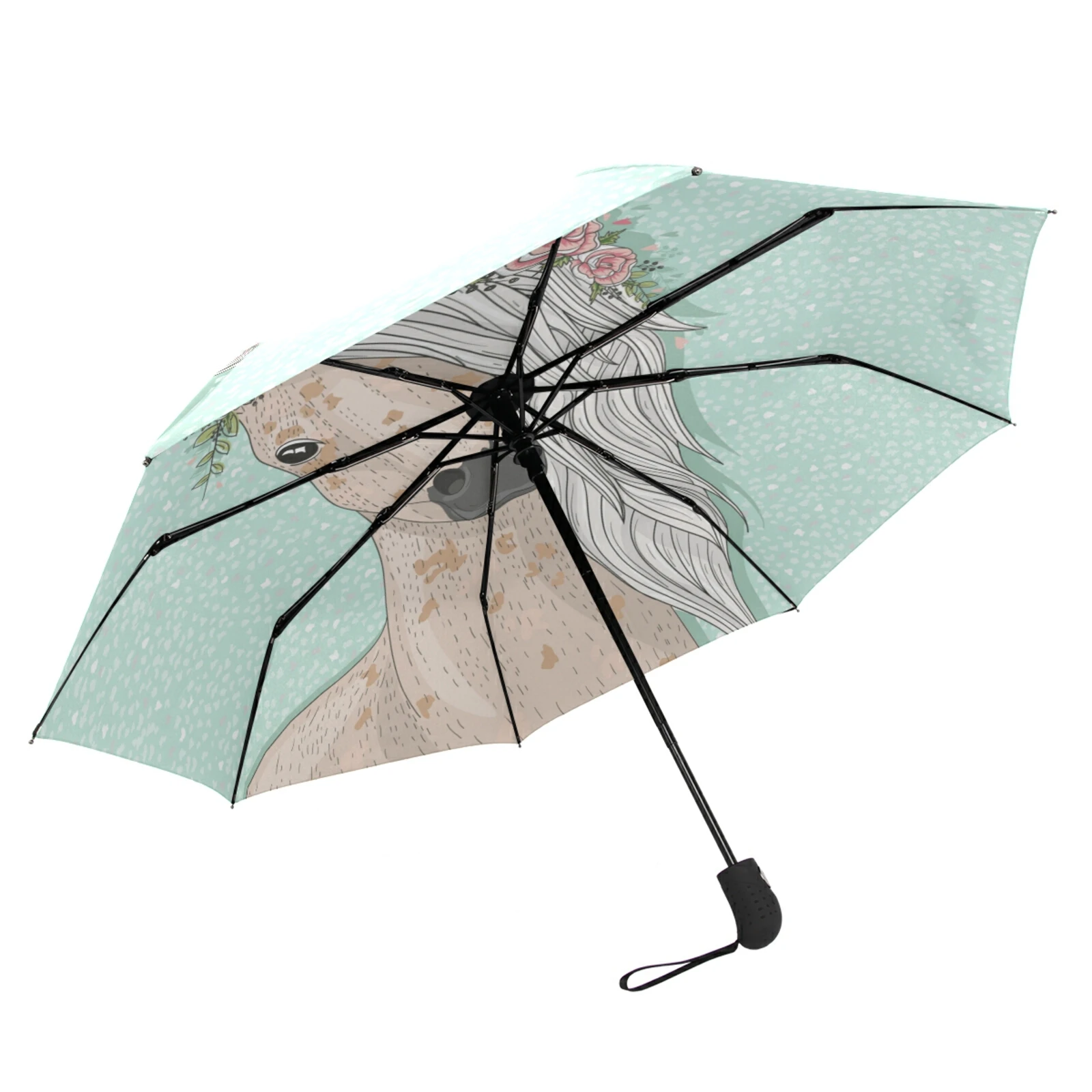 Портативный полностью автоматический зонт с рисунком цветов и лошадей женский
