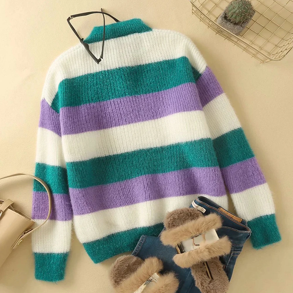 

2020 New Women Knit Sweater Long Sleeves Colorful Striped Sweater Pullover Casual femme vetement ropa mujer