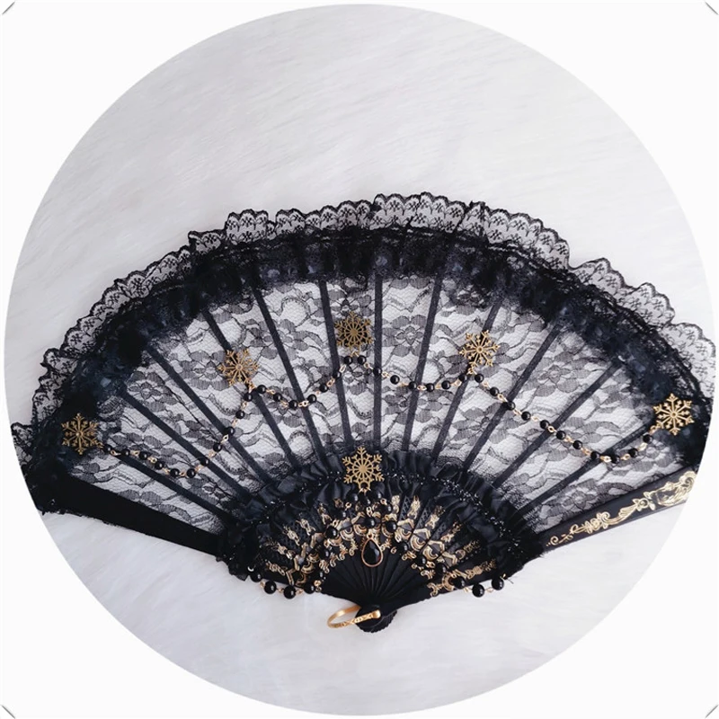 

Gothic Vintage Black Lace Fan Handmade Lolita Bead Chain Gold Snowflakes Harajuku Model Studio Fashion Handheld Prop