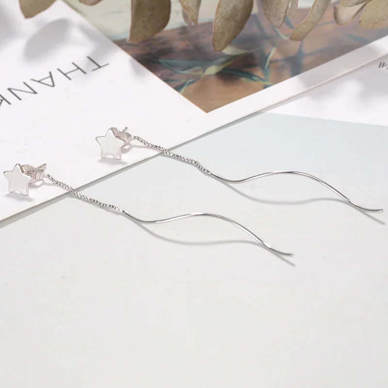 

Simple Fashion Five Star Water ripple Long Tassel Drop Earrings 925 Sterling Silver Jewelry Women Statement Earring Silver 925