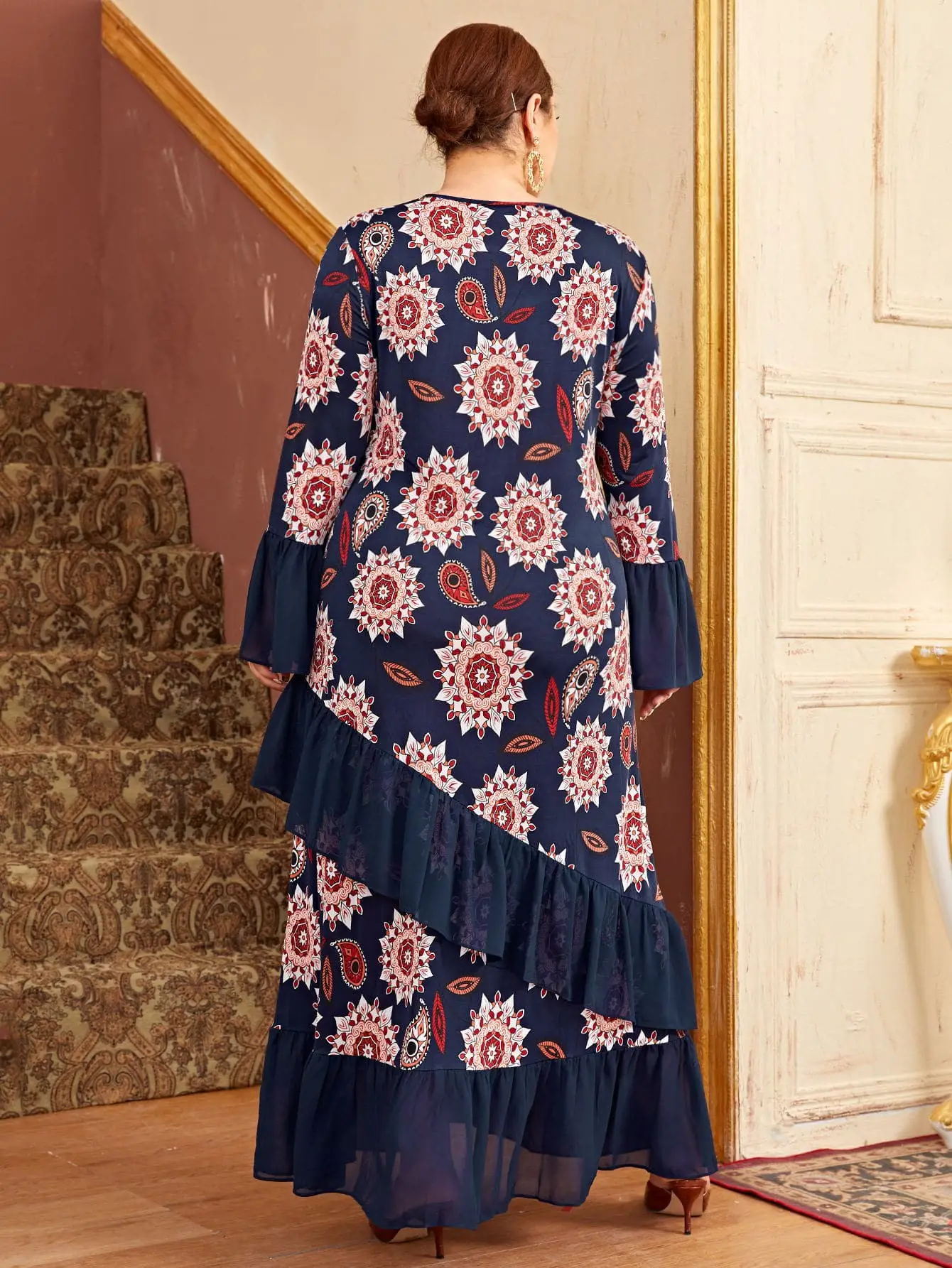 

Spring Autumn Printing L To 5XL Plus Size Dress Ruffles Irregular Hem Dress Long Maxi Dresses for Women Robes T6356