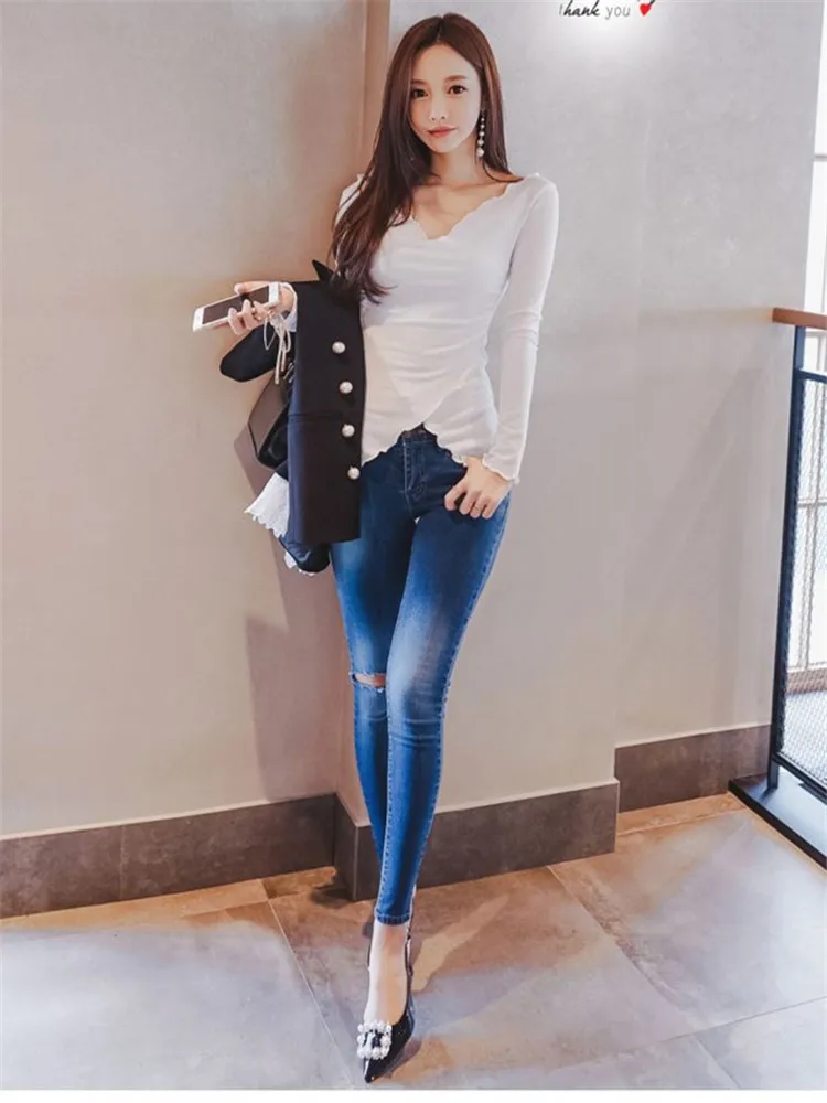 Женская эластичная футболка облегающий Топ с длинным рукавом в Корейском стиле