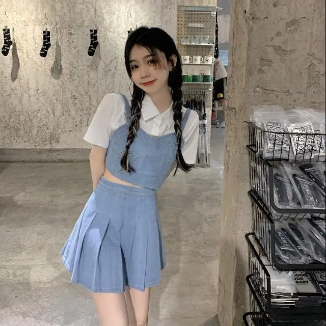 [Костюм-тройка] рубашка с коротким рукавом + джинсовая кофта облегающая