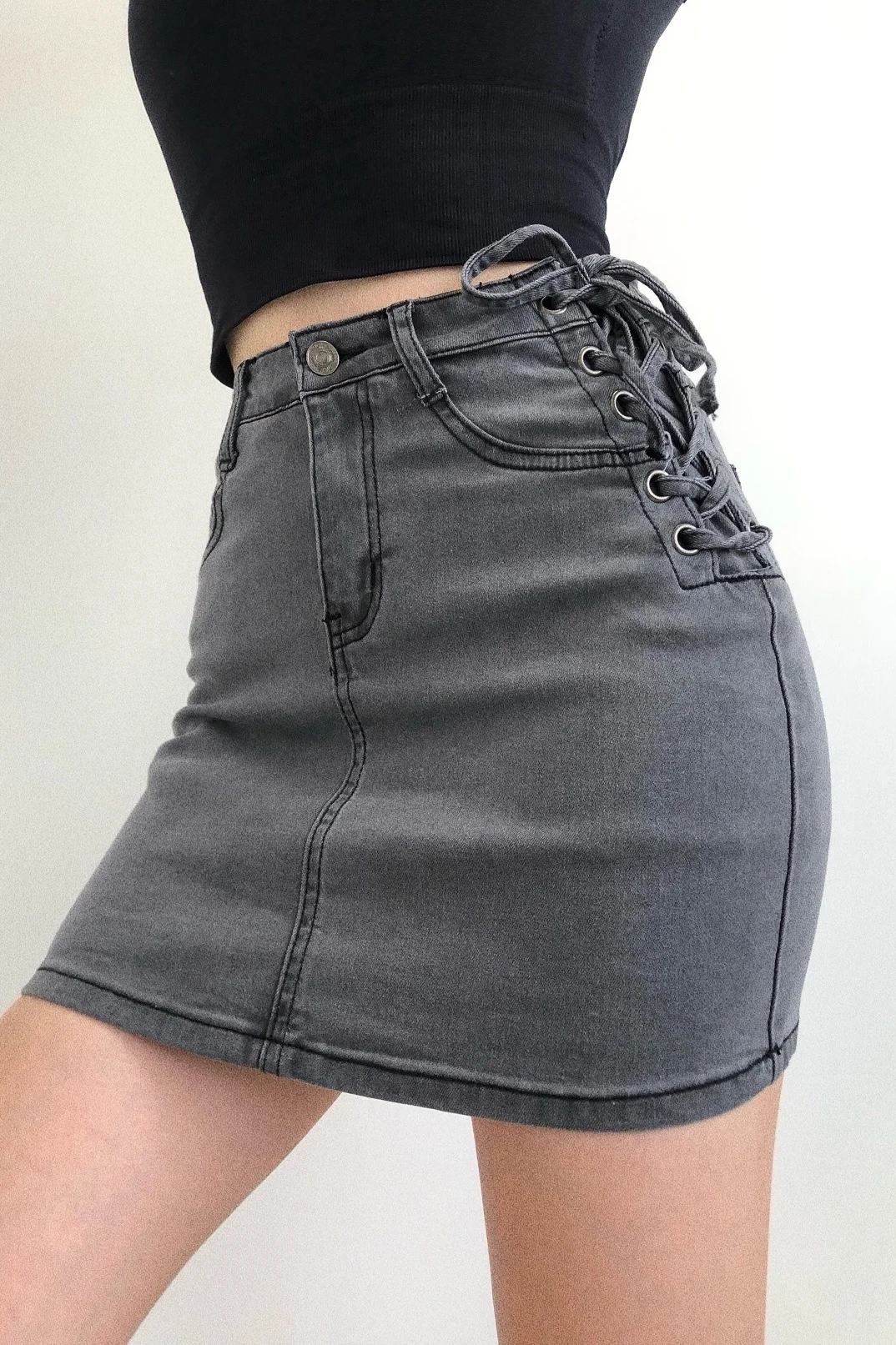 

WOMENGAGA High Waist Denim Skirt Lined Side Waist Bandage New Summer Women's Washable Hip Skirt Sexy Buttocks Skirt NPCL