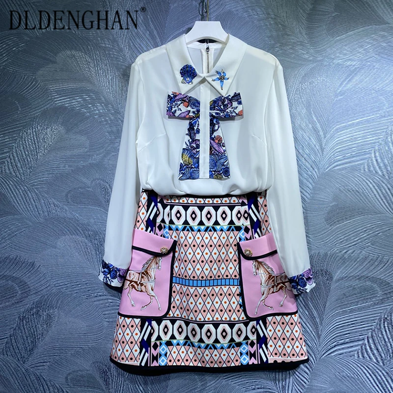 

Модный дизайнерский осенний костюм DLDENGHAN, женские топы с длинным рукавом и бантом и бисером + мини-юбка, комплект из двух предметов с принтом