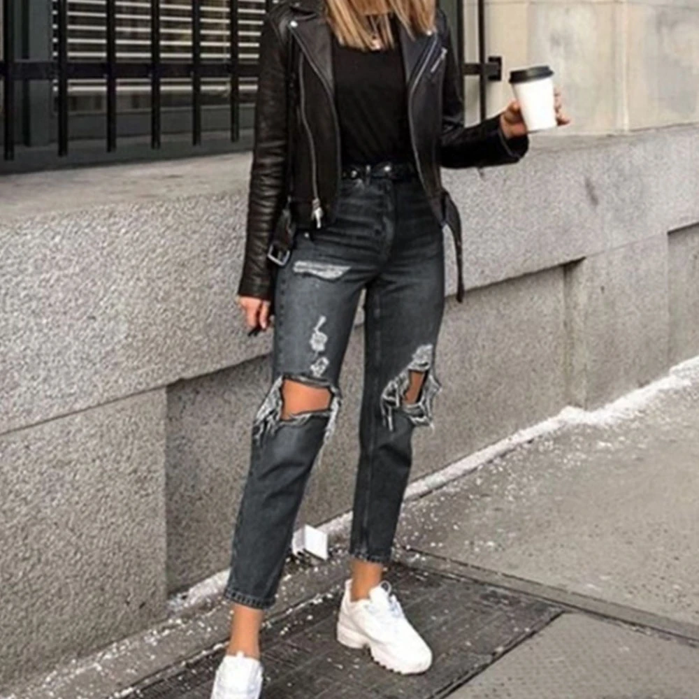 

Ripped Jeans Hollow Out Holes Pencil Pants 3XL Blue Black Jeans Zipper Fly Jeans Woman High Waist Streetwear