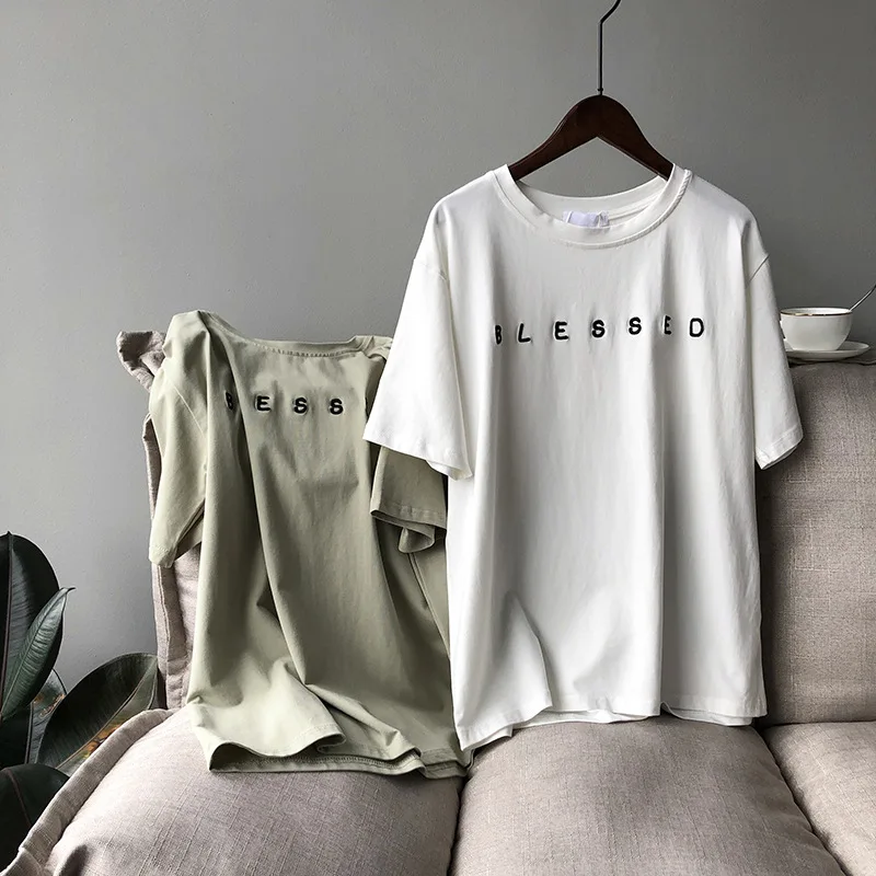 Sherhure 2020 Letter Print Women Summer Cotton White T Shirts O-Neck Short Sleeve Tops For Blusa | Женская одежда