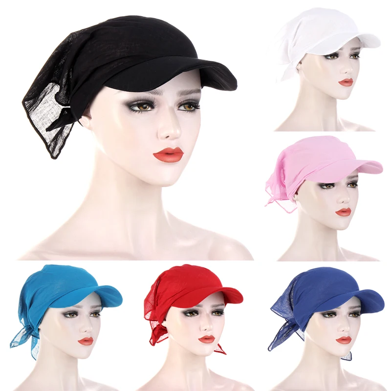 

1PC Women Durag Brim Cap Sun Visor with Pre-Tied Turban Caps Head Scarf Hijab Pure Color Muslim Beach Vacation Fashion Outdoor