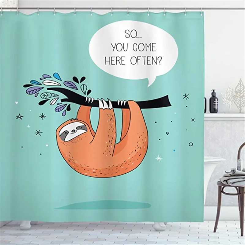 

Animal Shower Curtain, Cartoon Design Print Sloth with a Flirty Words So You Come Here Often Color Image, Cloth Fabric Bathroom