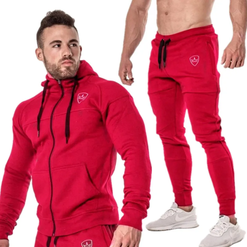 red 2 pieces Sping Running Set Long Sleeve Stand Collar Sweatshirt Sports Set Gym Clothes Men Sport Suit Training Suit Sport Wear - Цвет: red