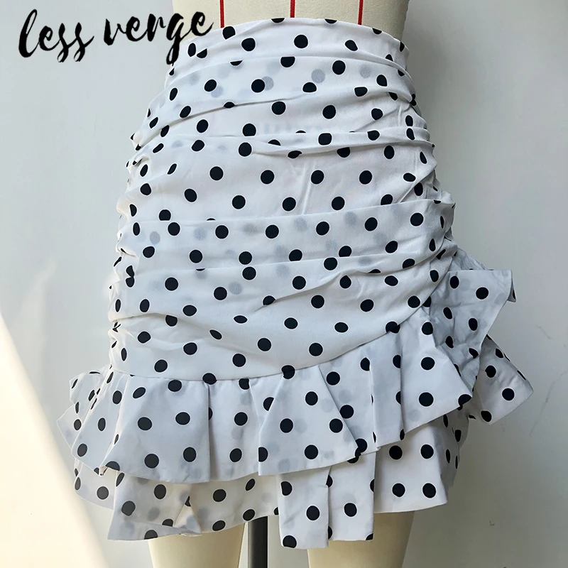 Lessverge Polka dot ruffle white asymmetrical skirt Women casual bodycon high waist skirt Autumn elegant party mini skirt bottom