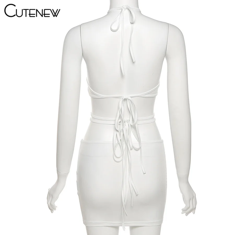 

Cutenew Sexy Solid Black Halter Vest And Skirt Two Piece Set Women Summer Simple Casual Stretch Beach Vacation Bandage Skirt Set