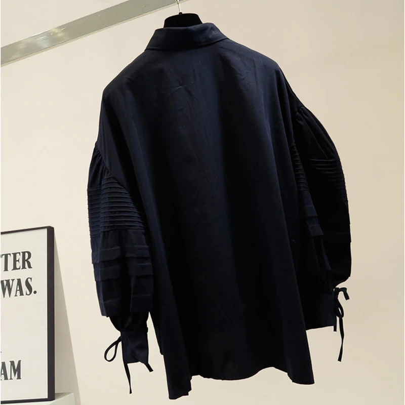 2021 Women Black Blouse Office Lantern Sleeve Front Short Back Long Big Pockets Wrinkle Loose White Shirt Women