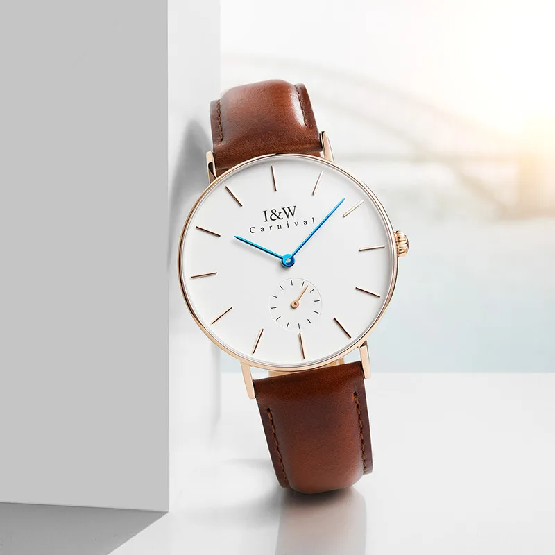 Carnival Fashion Quartz Watch Simple Small Seconds Design Ultrathin Leather Strap Wristwatches Waterproof for Men Reloj Hombre