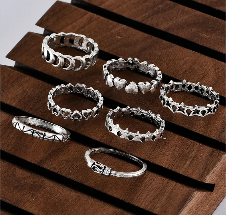 

Fashion Alloy Hollow Five-pointed Star Heart-shaped Ring 7 Pcs/Set