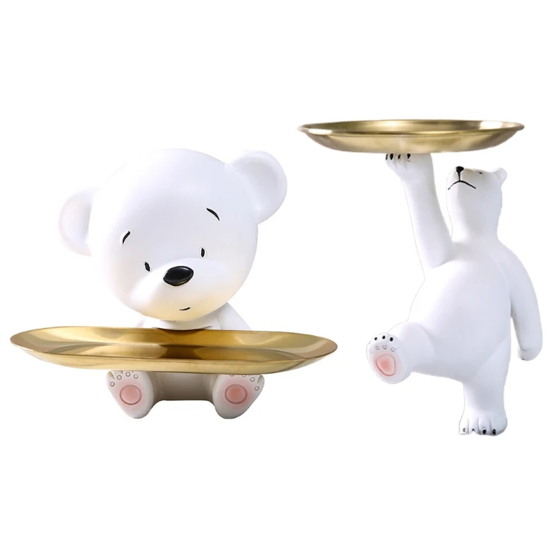 

Nordic Style Cute White Bear Statue with Storage Key Tray Fruit Jewelry Snacks Candy Plate Shelf Resin Figurine Entrance Desk Ho