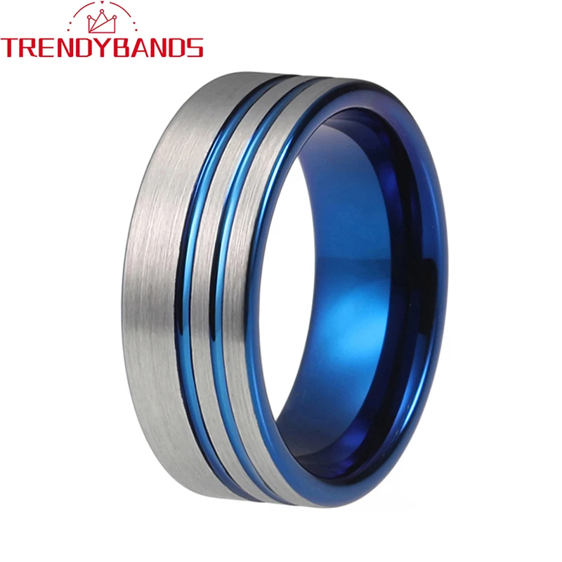 

8mm Blue Fashion Jewelry Tungsten Ring for Men Women Wedding Bands with Double Offset Grooved Brushed Finish Comfort Fit