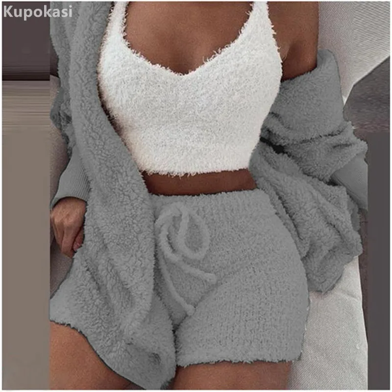 

Kupokasi 3 Pieces Autumn Winter Woman Pajamas Set Sexy Lamb Wool Pyjamas Leisure Sleepwear Vest Shorts Suit Trousers Homewear