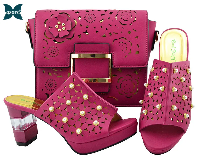 Итальянский дизайн цвет фуксии Туфли на толстом каблуке и сумочка в комплекте