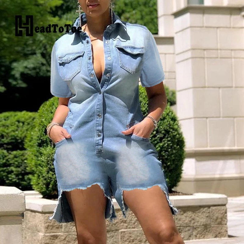 

Женский винтажный комбинезон на пуговицах, однотонный комбинезон с карманами и коротким рукавом, прямой женский комбинезон с отложным воро...