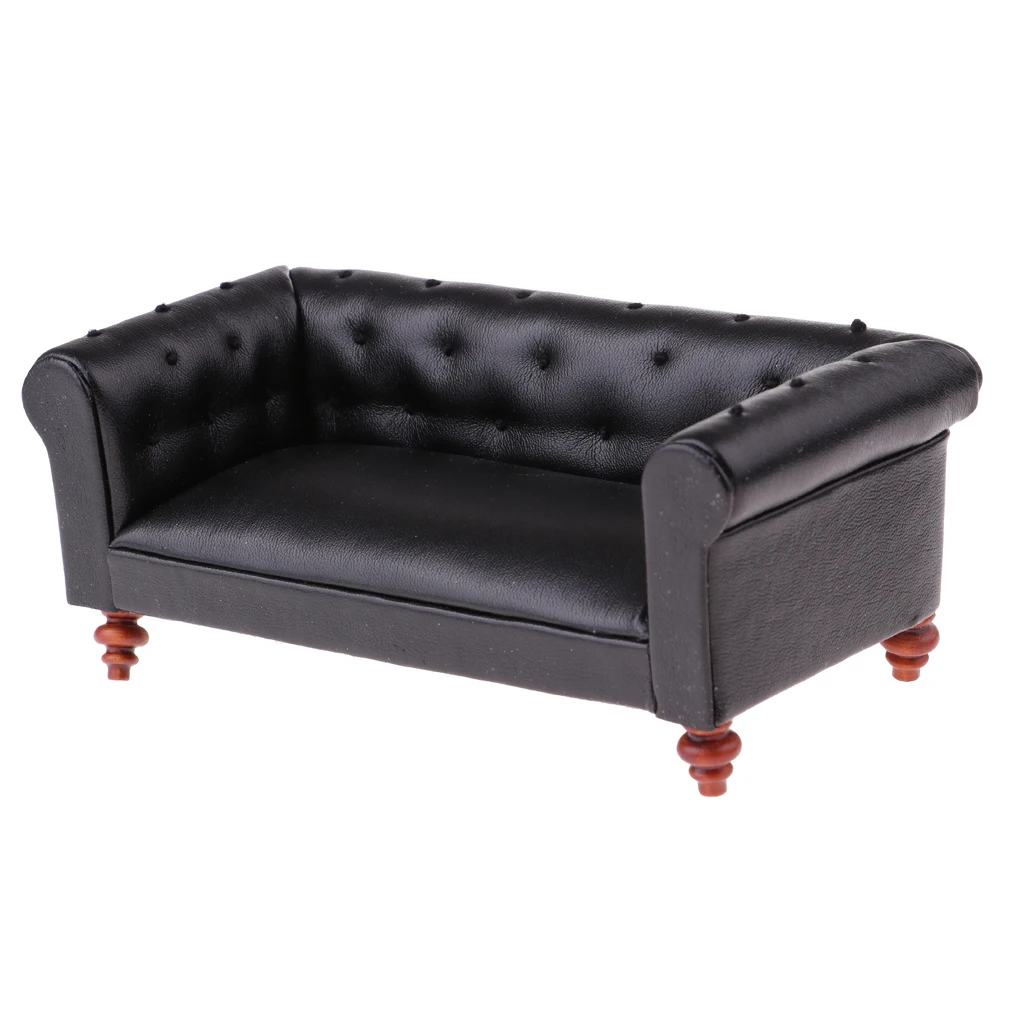 

1/12 Scale Dollhouse Furniture Vintage Leather Long Sofa Couch Miniature Model Sitting Room Accessories Decoration Black