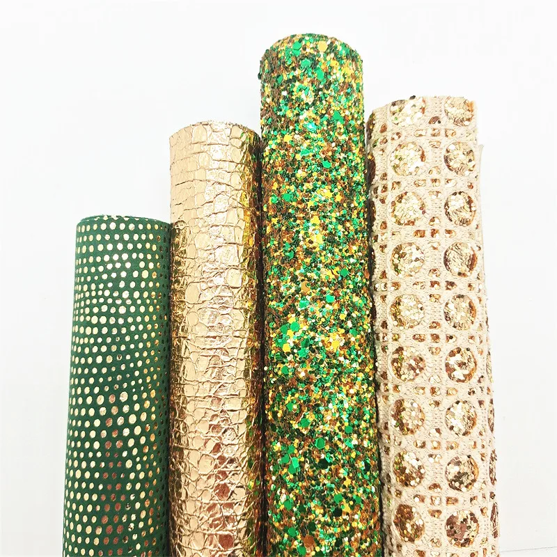 4PCS/SET Christmas Green Glitter Vinyl Fabric Matching with Metallic Crack Faux Leather For Bows Earrings DIY 21X29CM Q049