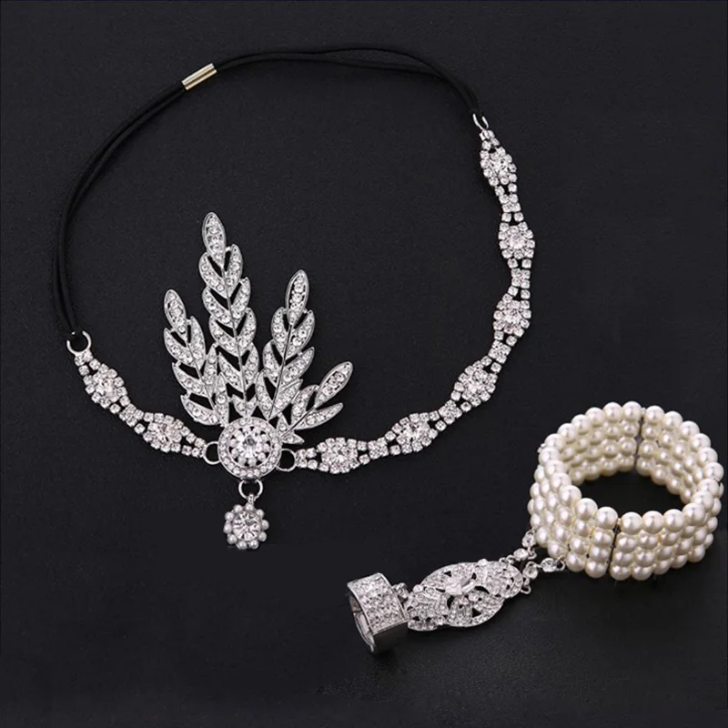 

1920s Great Gatsby Party Costume Accessories Set 20s Flapper Arc Deco Vintage Bridal Headband Pearl Bracelet Costume accessory