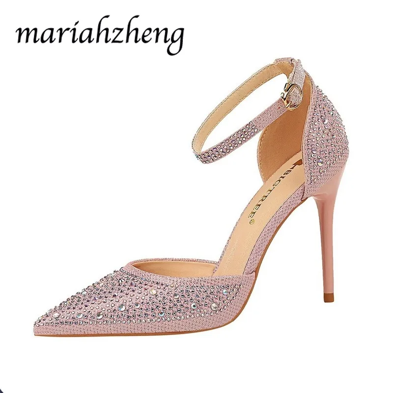 

Meriahzheng 10CM Sweet High-heeled Stiletto High-heeled Shallow Mouth Pointed Toe Cutout with Shiny Rhinestone Women Sandals DS