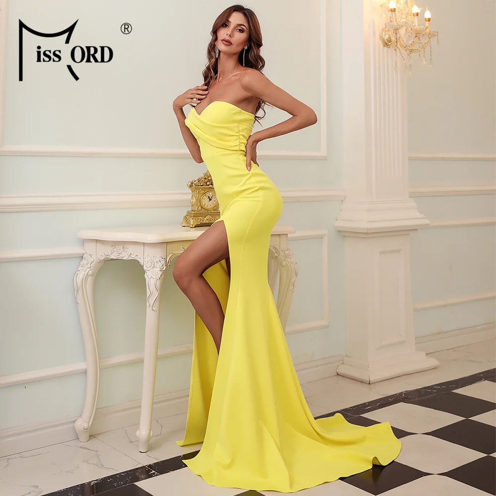 

Missord 2021 Sexy Strapless Evening Party Dress Solid Color Off the Shoulder Maxi Dress High Split Backless Women Dress M0784