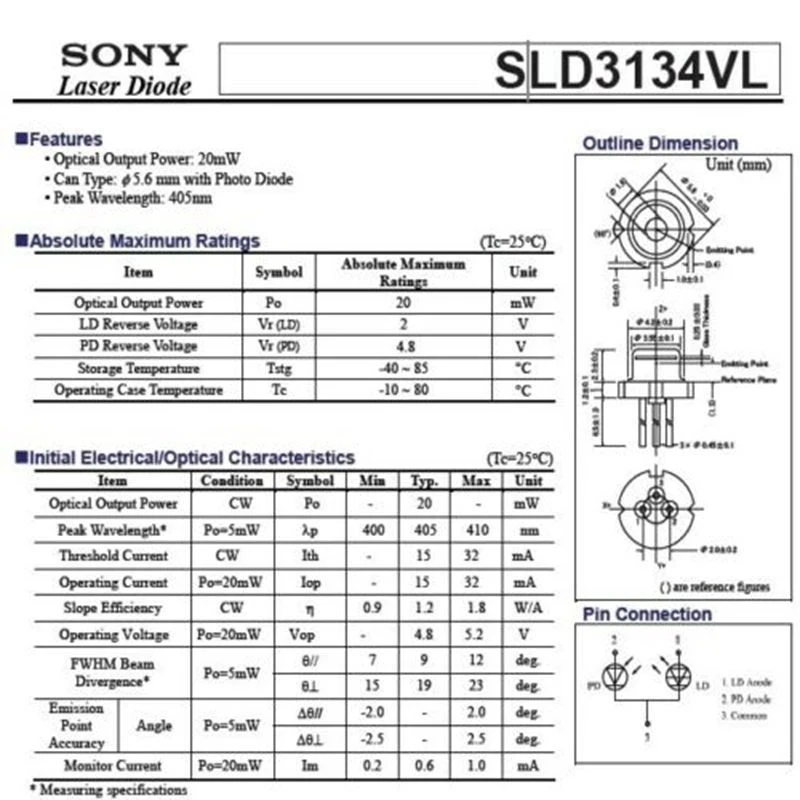 Оригинальный Sony SLD3134VL 20 МВт 5 6 нм мм фиолетовый синий лазерный диод TO-18 LD w PD |