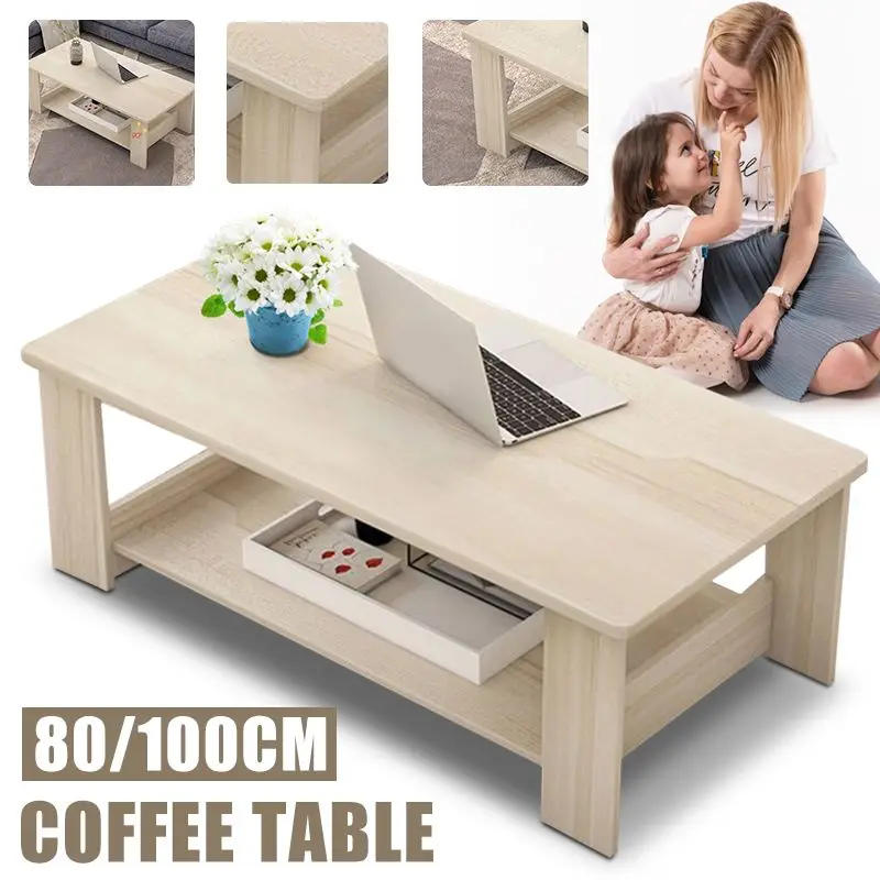 

80/100cm Modern Wooden Coffee Table Rectangle Living Room Furniture Display Storage Shelf Tea Wood Coffee Table