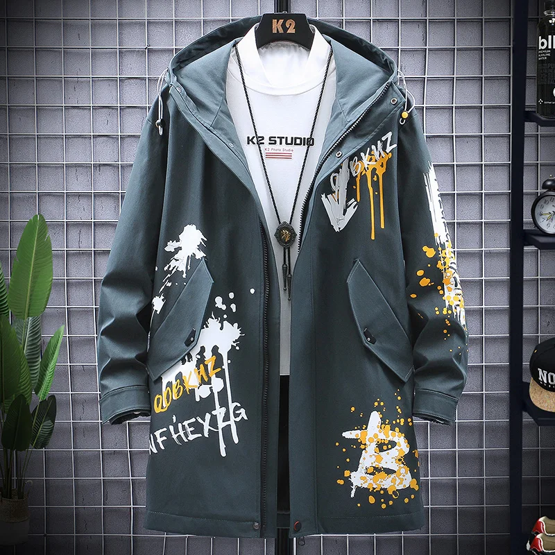 

New 2021 Korean Men's Windbreaker Jackets Men Long Trench Coat Printed Cardigan Casual Hooded Coats Male 3 Color