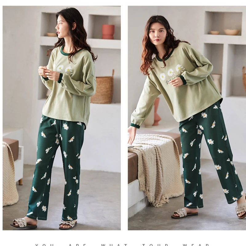 

Pajamas women's spring and autumn knitted cotton long-sleeved Korean style summer thin style outing home service two-piece suit