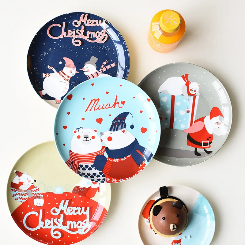 

Christmas Bone China Plate Cartoon Snowman Hand Drawn Steak Fruit Snack Plate 8 Inches Ceramics New Year Party Gifts
