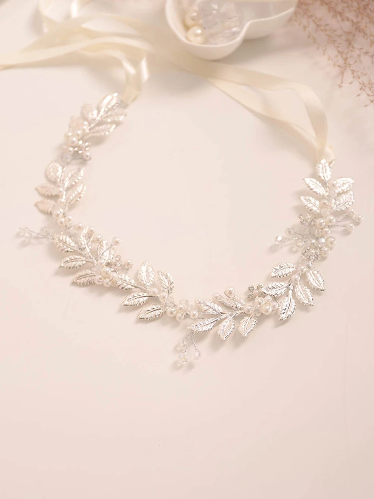 Свадебный головной убор повязка в виде листьев розовое золото серебро жемчужные