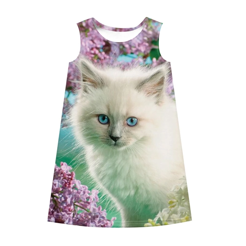 

OneLineFox Cute Cat Print Girls Dresses Kids Princess Party Dress Sleeveless Casual Teenager Dress Summer 2020 Children Clothes