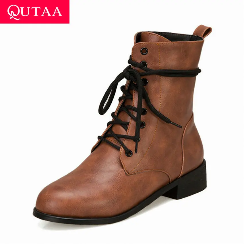 QUTAA/2020 г. Новые осенне зимние теплые ботильоны на квадратном каблуке со шнуровкой
