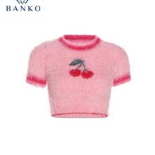 Spring Summer Fashion E-girl Sexy Pink Korean Sweet O-neck Crop Tops Women Short Sleeve Slim T-shirt