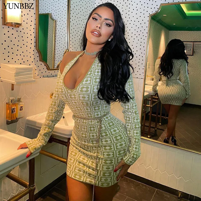 

Сексуальные облегающие платья YUNBBZ с цветочным принтом для женщин Y2k модные Клубные наряды на день рождения с вырезами на лямках с длинным ру...